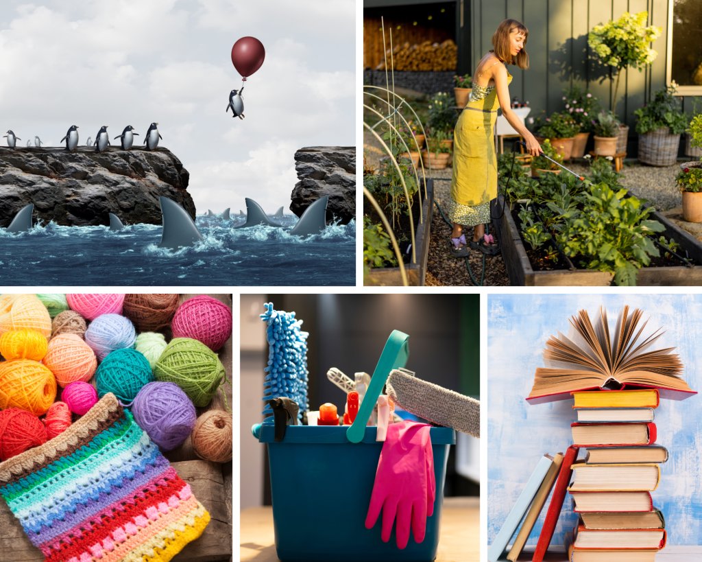 Collage, Penguin using a balloon to safely travel over shark filled water, woman tending a raised garden, assorted colourful balls of yarn with a small rainbow coloured knit sample, bucket of household cleaning tools, stack of books