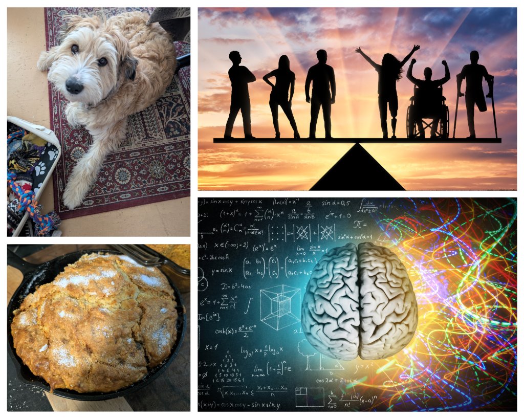 Image of a large golden dog laying on the floor beside her toys, equity represented by a scale showing people with body differences being of equal value to people in typical bodies, cornbread cooked in a small cast iron frying pan, concept of the brain as being either creative or scientific.