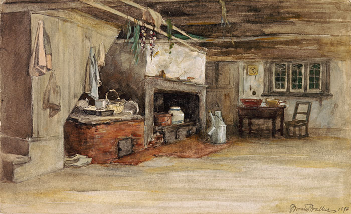 Interior of a house in New France, wooden floors, open hearth, rocking chair